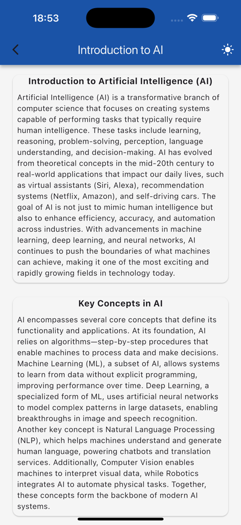 Learn AI (LA) - Captura de pantalla de la pantalla de Introducción a la IA y Conceptos Clave en la aplicación Aprende IA