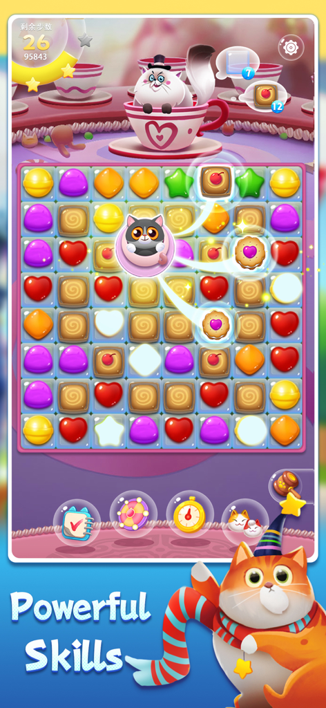 Gameplay of Candy Cat match 3 game featuring a cute kitten and colorful puzzle levels.
