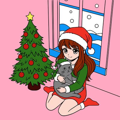 a girl wearing a santa claus hat is holding a cat in her arms, who is also wearing a santa claus hat. they are sitting near a christmas tree. there is a window next to the tree.