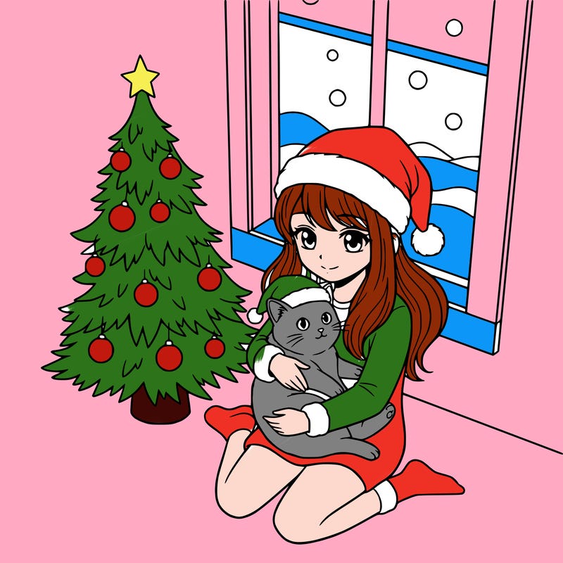 a girl wearing a santa claus hat is holding a cat in her arms, who is also wearing a santa claus hat. they are sitting near a christmas tree. there is a window next to the tree.