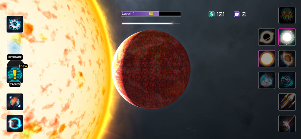 Planet Smash Destruction Games - Gameplay screenshot of Planet Smash Destruction Games showing a scorched planet near the sun and a menu of destructive space weapons
