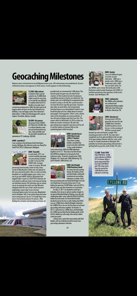 FTF - 지오캐셔들이 찾기 성과를 축하하는 사진과 이야기로 구성된 '지오캐싱 성과'라는 제목의 잡지 페이지