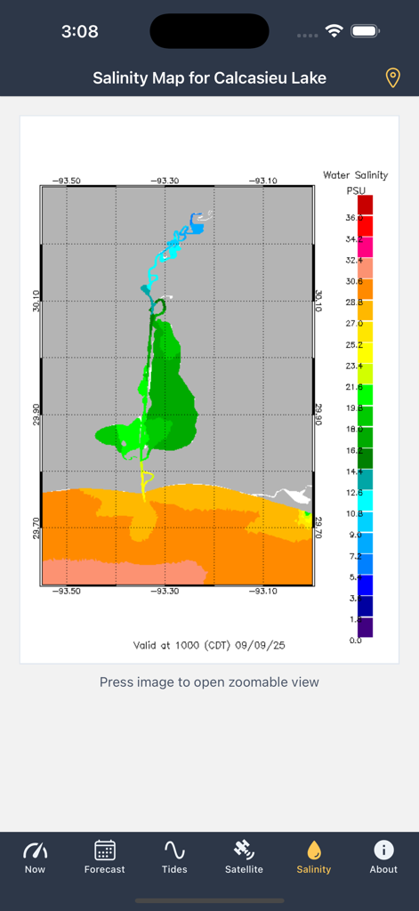 Salty Solutions - Salty Solutions app displaying a water salinity map for Calcasieu Lake