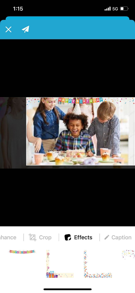 PhotoShare Frame v2 app interface showing a birthday photo being edited with a digital banner effect and options for cropping and adding captions