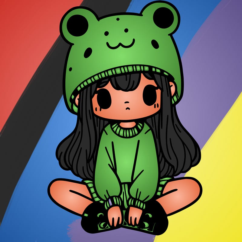 a girl wearing a frog hat and some frog socks