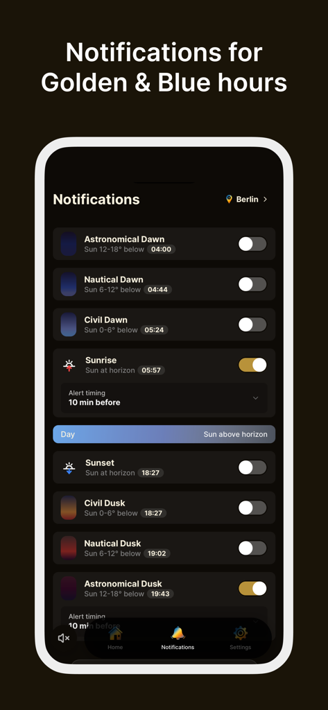 Golden Horizon: Sunrise Sunset - Configuración de notificaciones de la aplicación Golden Horizon para amanecer, atardecer y hora dorada