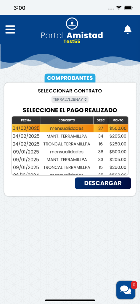 Amistad Bienes Raíces - Amistad Bienes Raices mobile app screen showing a list of recent payments and the option to download receipts