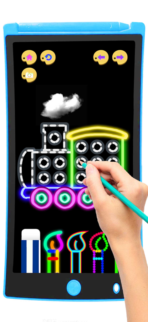 Kids Pop It Doodle Art Games - A child using a stylus to draw a neon pop-it train in a coloring app interface