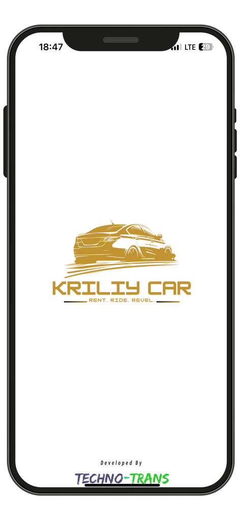 Kriliy Car 앱 시작 화면, 황금색 자동차 로고와 'Rent Ride Revel' 슬로건 포함
