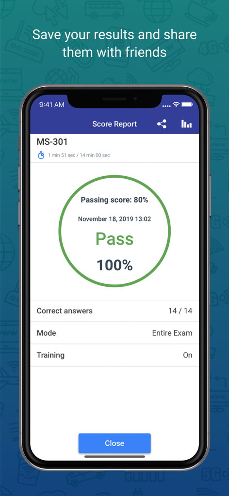 Aplicativo VCE Simulator exibindo um relatório de pontuação de exame aprovado com 100 por cento de respostas corretas.