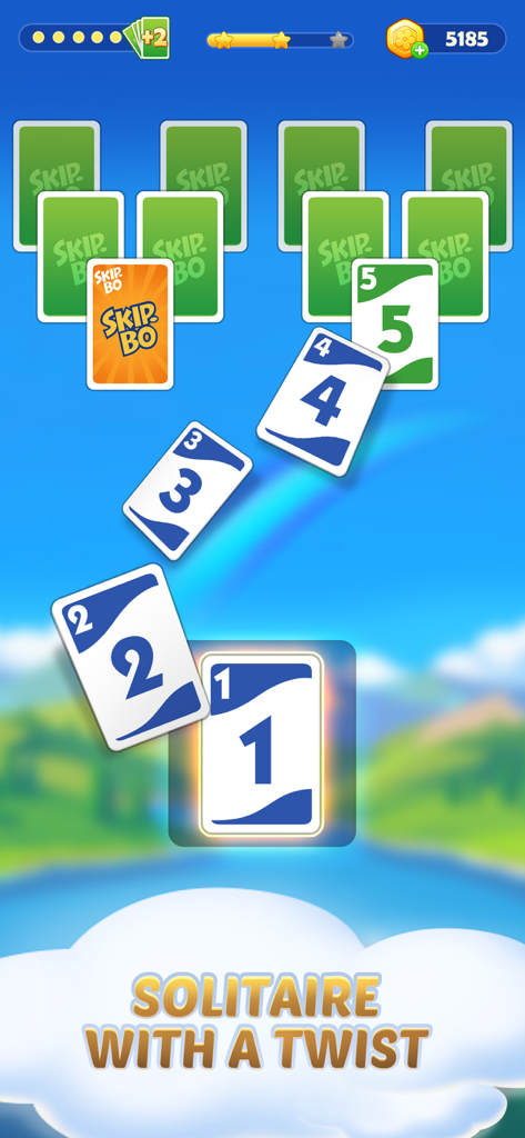 Skip-Bo mobile game interface showing a sequence of cards from one to five played over a scenic landscape background