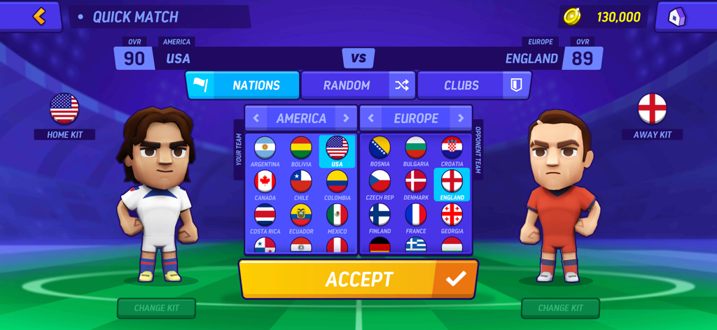 Soccer Mini Stars: Football 24 - A team selection screen in Soccer Mini Stars showing a match setup between USA and England with stylized cartoon players.