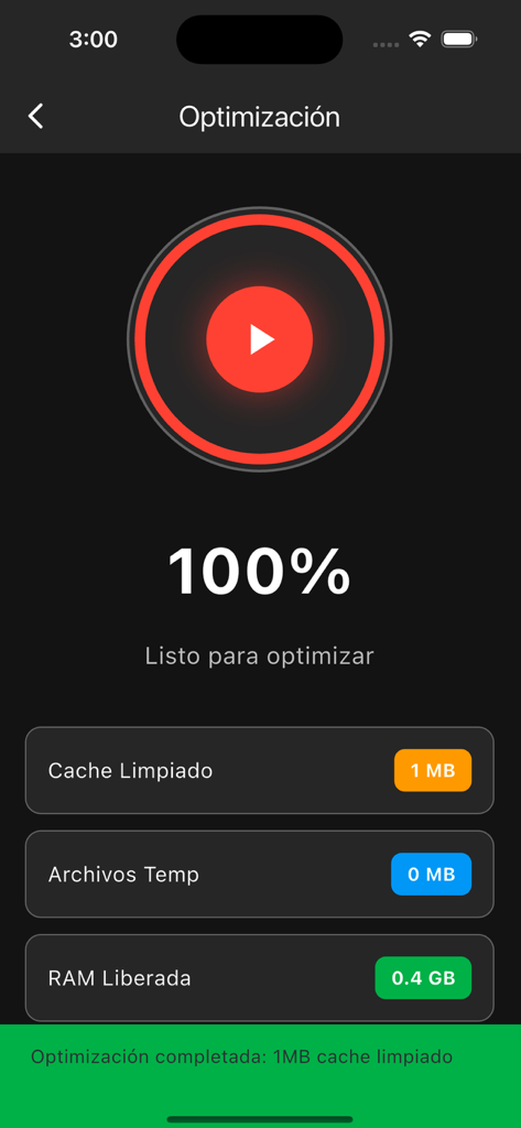 Macro Tools Pro - Interfaz móvil de Macro Tools Pro que muestra los resultados de optimización del sistema, incluido el estado de la RAM y la caché.