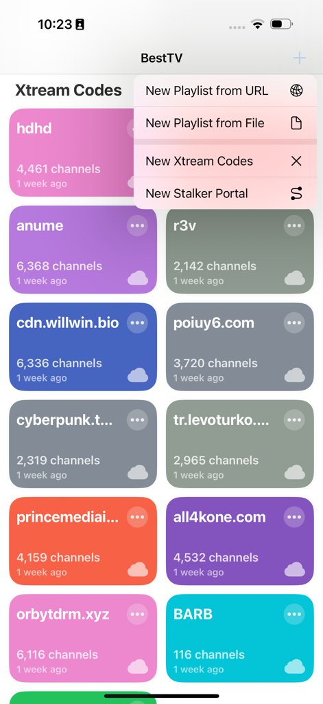 BestTV - Live Stream Player - BestTV app screen showing a grid of IPTV playlists and a menu for adding new streaming sources