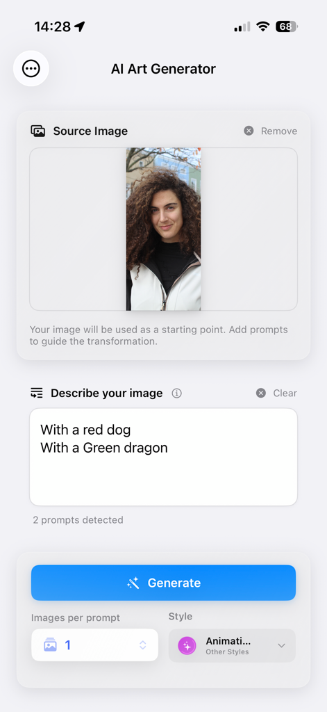 Image Play Studio - Interface of Image Play Studio app showing a source image and text prompts for AI art generation