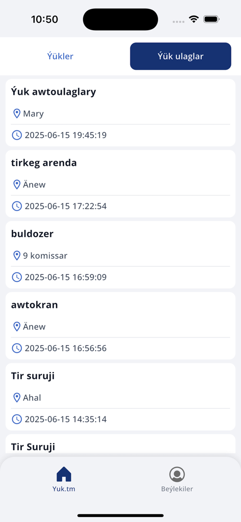 YUK.TM - Mobile app interface showing a list of available freight vehicles and services including trucks and construction equipment