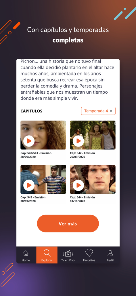 América tvGO Internacional - Interface of the América tvGO Internacional app showing a list of full episodes and seasons of a Peruvian television show