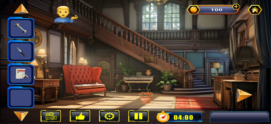 Escape Room - Strand of Glory - A grand mansion foyer with a wooden staircase and red sofa in a mystery escape room game