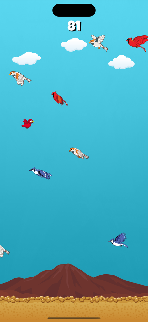 여러 마리의 다채로운 새들이 산 위 파란 하늘을 나는 Crazy Bird Classic 게임 플레이를 보여줍니다