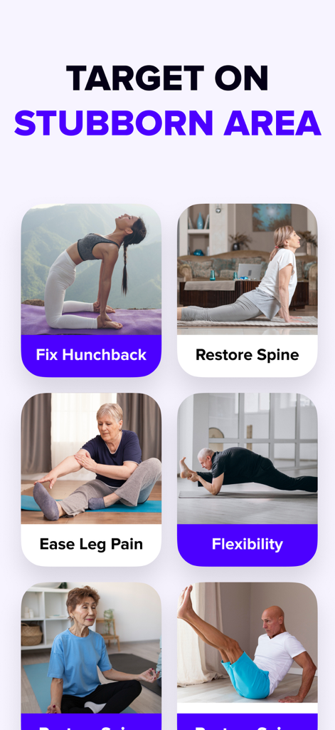 Tai Chi Walking & Chair Yoga - Interface do aplicativo móvel exibindo diferentes rotinas de exercícios para saúde e mobilidade de idosos, incluindo correção de postura e alívio de dor nas pernas