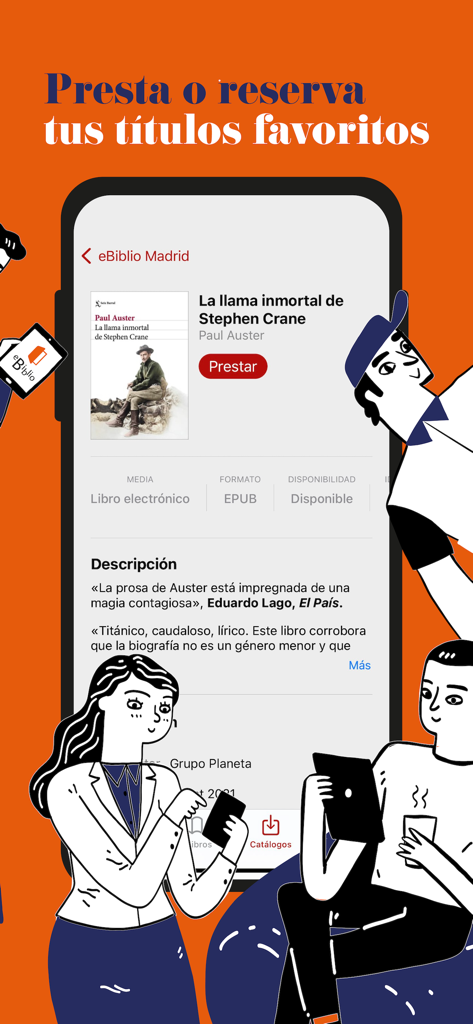 Pantalla de la app móvil eBiblio mostrando opciones para pedir prestado o reservar un libro digital en español.