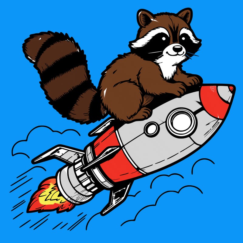 realistic raccoon flying on top rocket ship