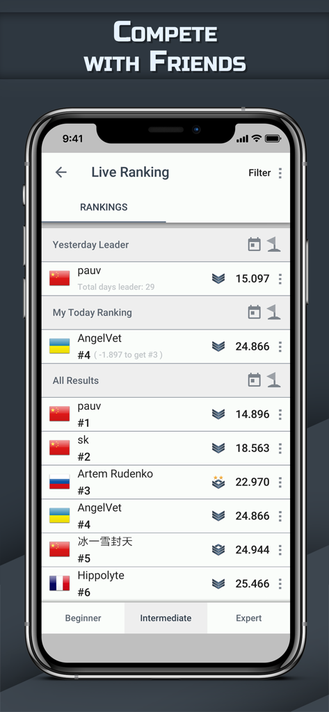 Minesweeper GO - classic game - Captura de pantalla de la aplicación Minesweeper GO que muestra la tabla de clasificación de rankings en vivo para jugadores globales en un iPhone