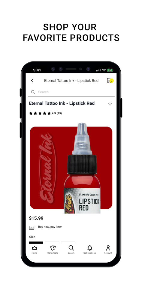 A product page for Eternal Tattoo Ink in Lipstick Red on the Kingpin Tattoo Supply mobile app