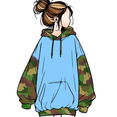 realistic girl with a oversized sweatshirt on and a bun