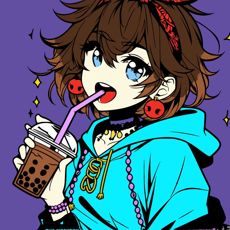 hot baddie anime girl drinking boba and biting the straw