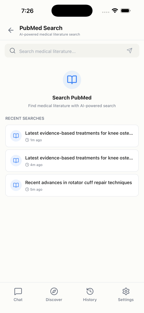 Ortho AI - AIMD - PubMed search interface in the Ortho AI app for medical literature discovery