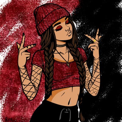 realistic teenage girl with braids and a beanie and crop top doing 🫶🏼