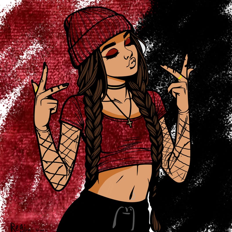 realistic teenage girl with braids and a beanie and crop top doing 🫶🏼