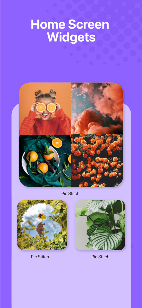 Pic Stitch app interface showing several iOS home screen widgets with photo collages and aesthetic images.