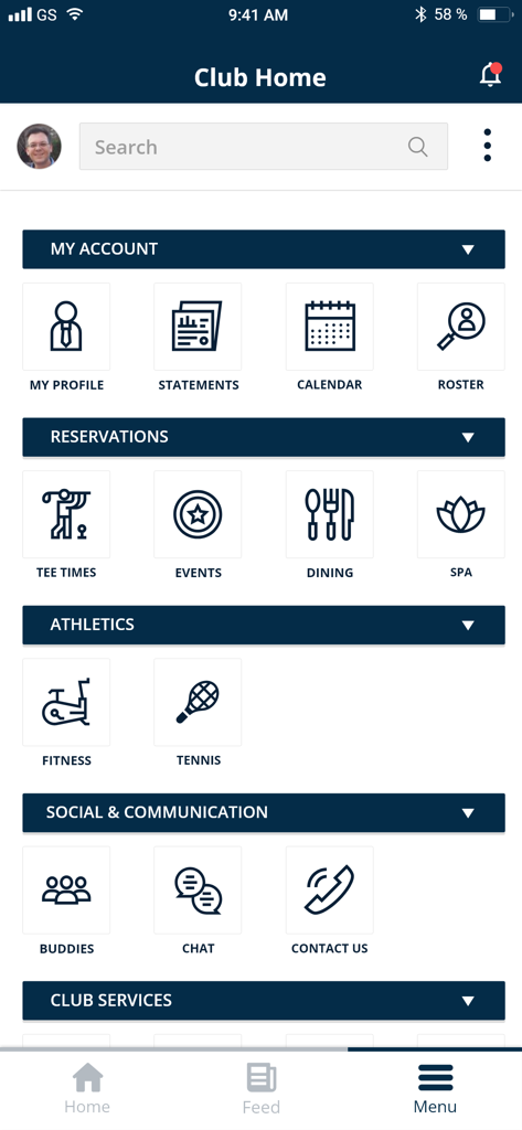 Albany Bahamas - El panel de Club Home de la aplicación Albany Bahamas que muestra varios servicios para miembros, como horarios de salida, cenas y reservas de spa.