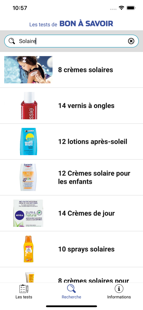 Les tests de Bon à Savoir - Écran de résultats de recherche de l'application Bon à Savoir affichant divers tests de produits de consommation comme des crèmes solaires et des vernis à ongles.