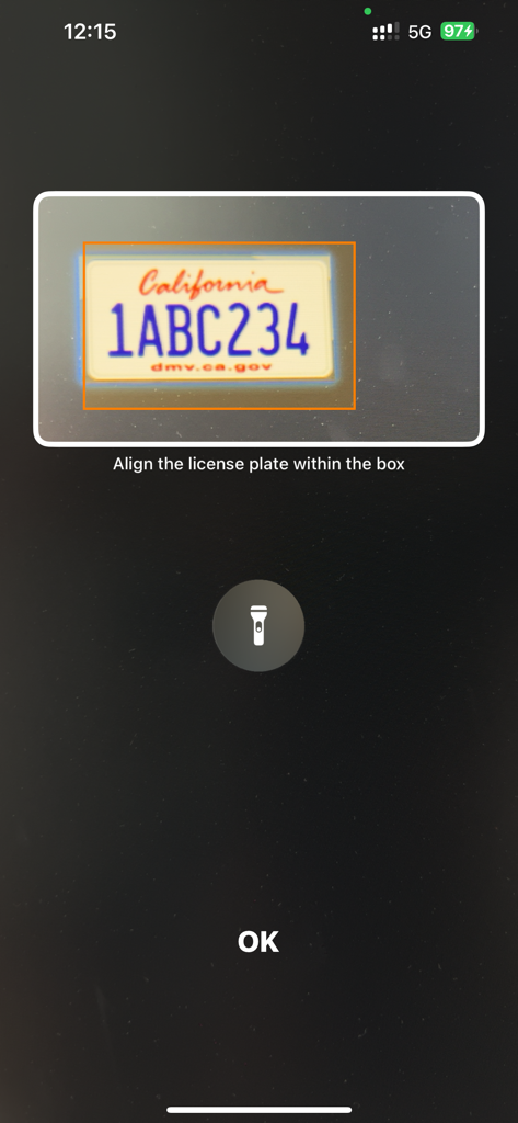 ITL-ALPR - A screenshot of the ITL-ALPR app interface showing a California license plate being captured within a scanning box with instructions to align the plate.
