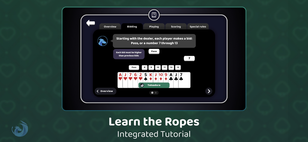 Whist Cards - Schermata del tutorial integrato di Whist Cards che mostra le regole delle offerte e una mano di carte da gioco