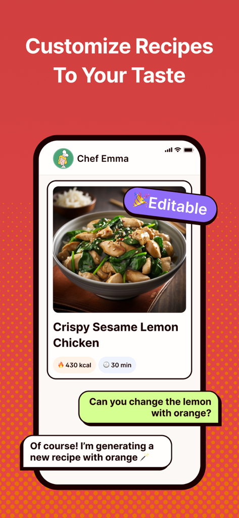 Smartphone screen showing a user customizing a chicken recipe by chatting with an AI chef in the Magic Chef app.