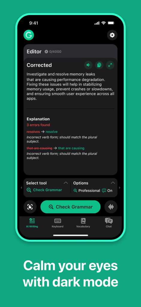 Grammar Check Corrector by AI - Interfaz de la aplicación Corrector de Gramática por IA en modo oscuro que muestra edición de texto y explicaciones gramaticales