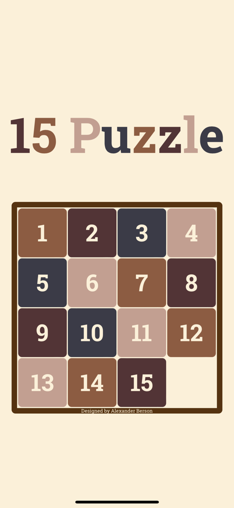 15 Puzzle - Interfaz del clásico juego de deslizamiento de bloques 15 Puzzle con bloques numerados en tonos tierra