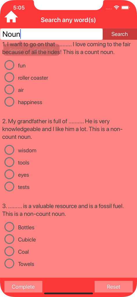 Elementary English Grammar - Multiple choice quiz screen about nouns in the Elementary English Grammar app