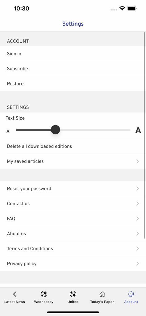 The Sheffield Star Newspaper - El menú de configuración de la aplicación del periódico The Sheffield Star que muestra opciones de cuenta y un control deslizante de ajuste del tamaño del texto