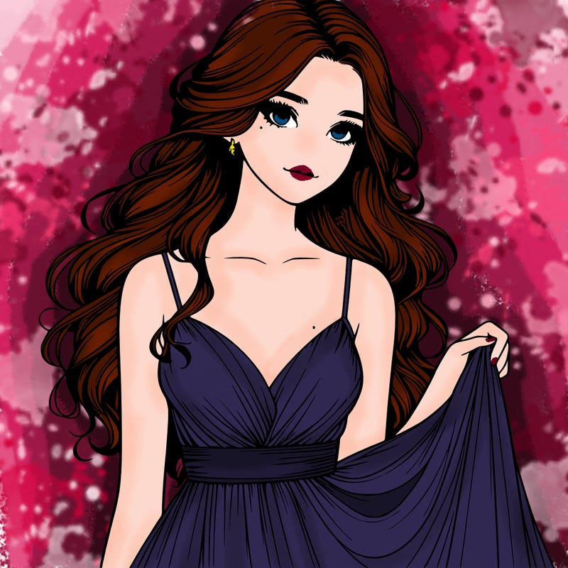 realistic girl in flowy silky prom dress