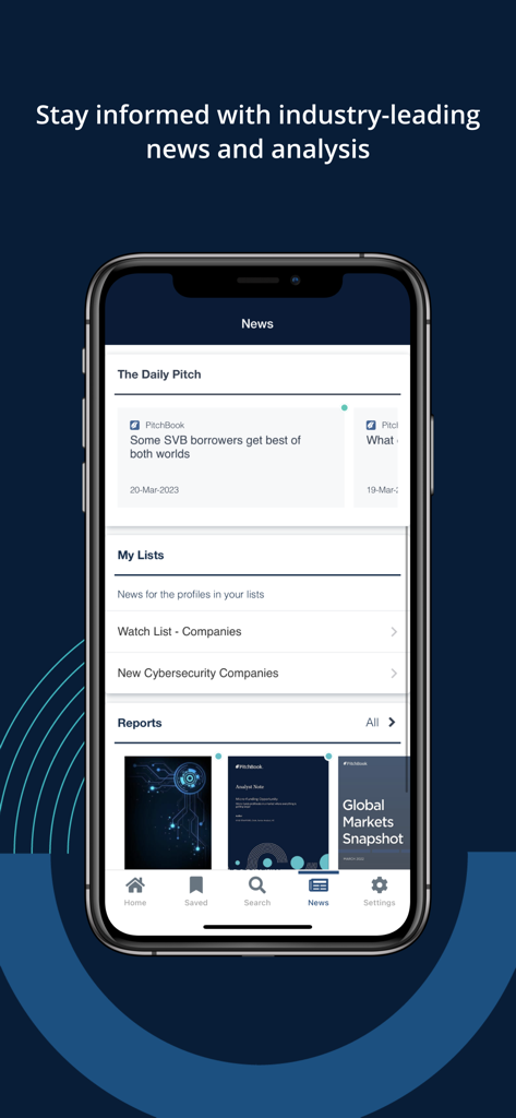 PitchBook Mobile app screen showing financial news and industry reports.