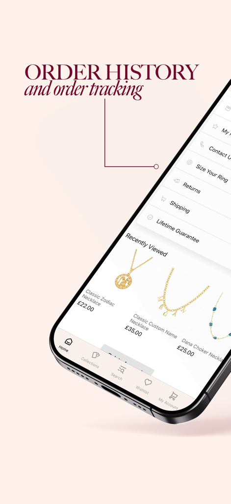 BOHOMOON - BOHOMOON mobile app screen displaying order history tracking and recently viewed gold necklaces