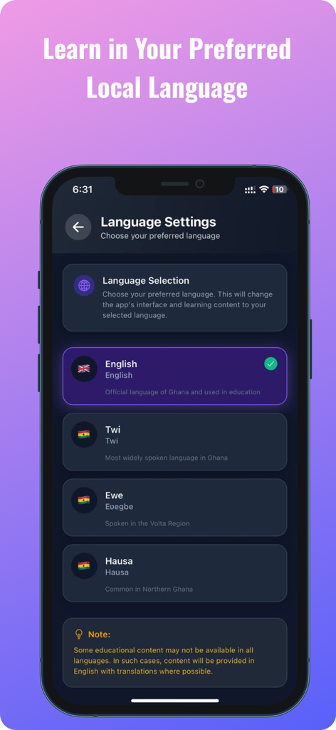 EduMate GH – GES AI Study App - EduMate GH app showing language selection options for English Twi Ewe and Hausa