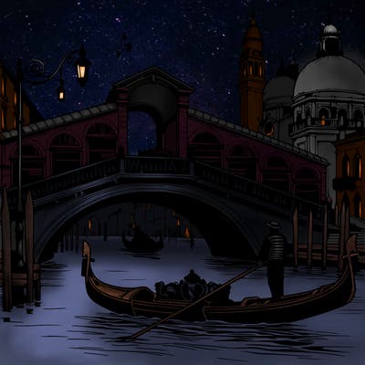 realistic venetian bridge with gondola passing under