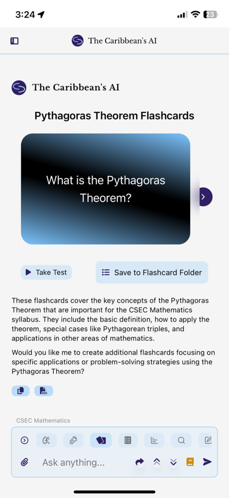 The Caribbean's AI - Tarjetas de estudio generadas por IA sobre el Teorema de Pitágoras para Matemáticas de CSEC dentro de la aplicación La IA del Caribe.