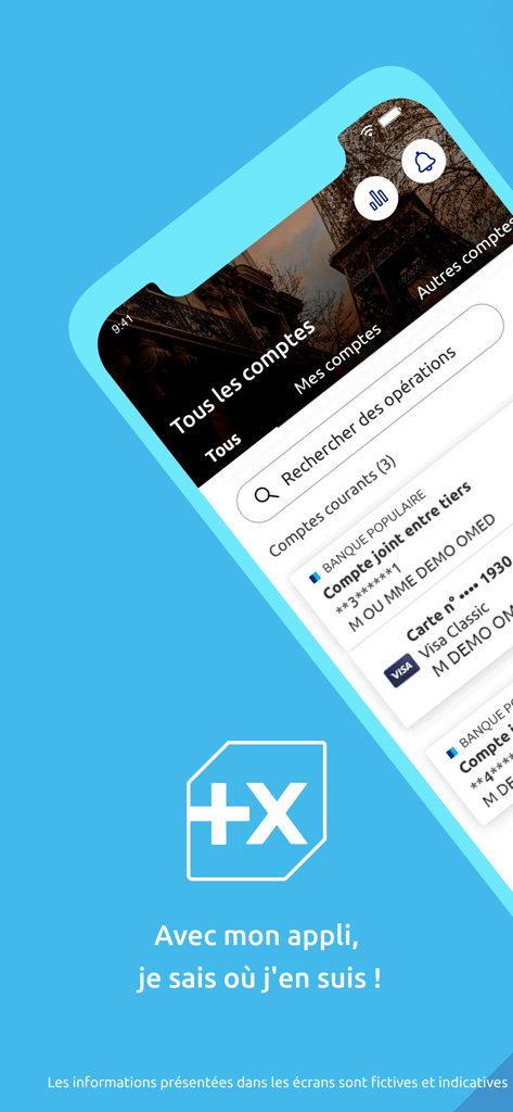 Banque Populaire mobile app interface showing bank account overview and transaction search bar